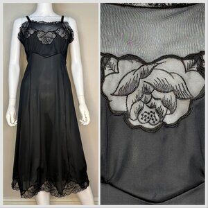 Vintage 1950s Black Floral Lace Full Slip, Wonder Maid Empire Collection, Small